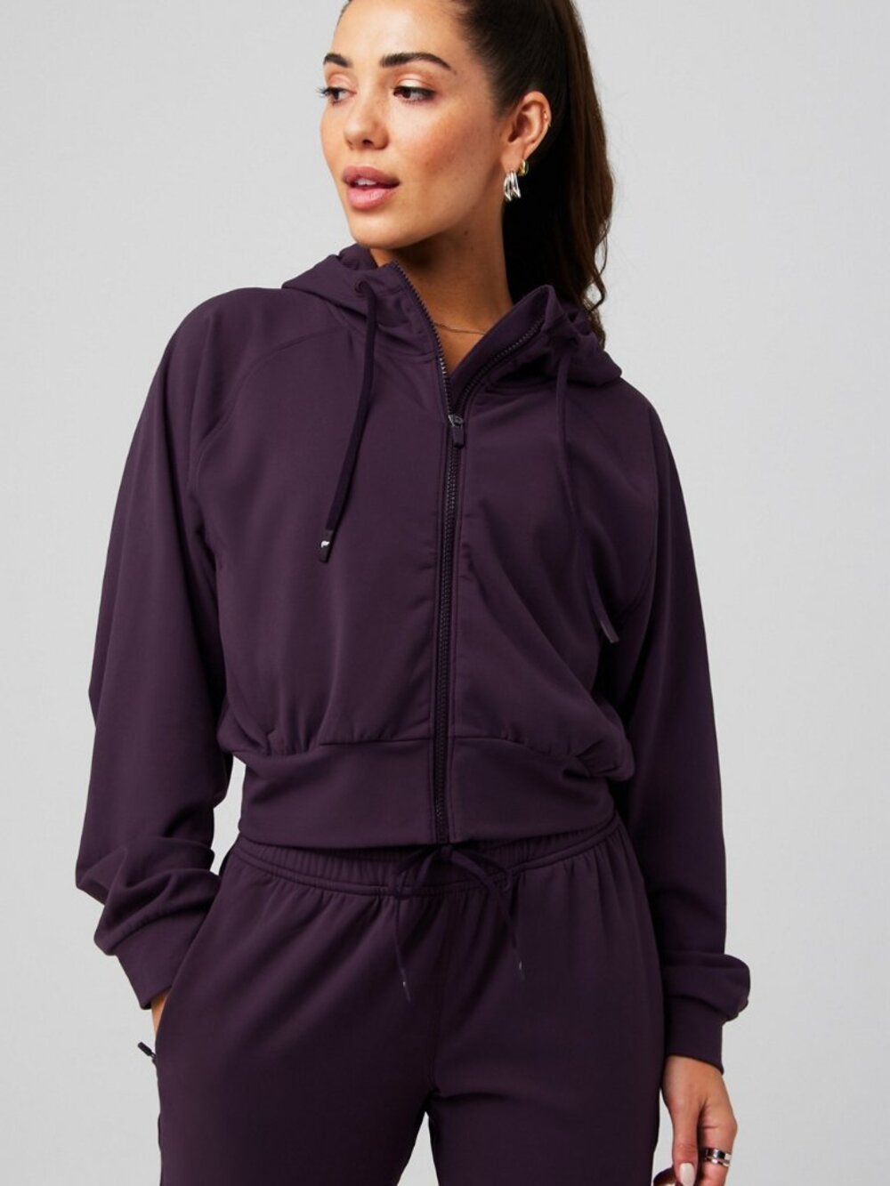 Fabletics: Cold Weather Full-Zip Cropped Hoodie, Size XL, Color: Deep Plum